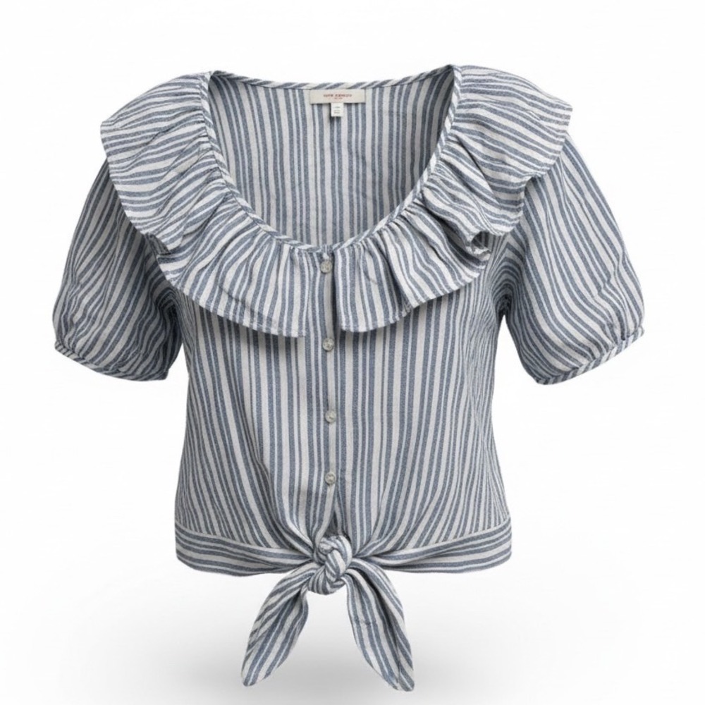 Free People Striped Ruffle Tie Front Blouse Top Blue White Sz XS (J12)